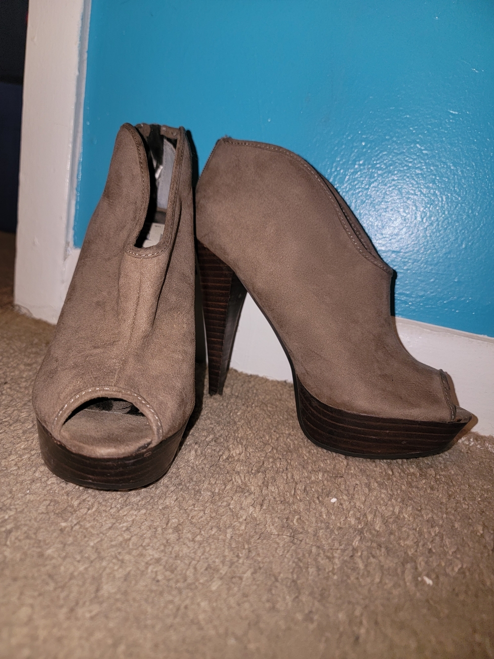 Boss Taupe Suede Peep-Toe Platform Heels